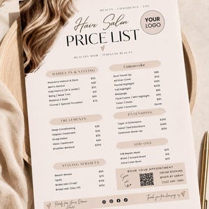 May include: A hair salon price list template featuring a beige and white color scheme with a photograph of wavy brown hair at the top. The text includes sections for haircuts, styling, treatments, extensions, and add-ons, with a QR code for booking.