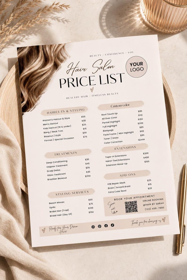 May include: A hair salon price list template featuring a beige and white color scheme with a photograph of wavy brown hair at the top. The text includes sections for haircuts, styling, treatments, extensions, and add-ons, with a QR code for booking.
