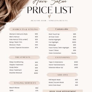 May include: A hair salon price list flyer featuring a blonde hair graphic at the top. The text includes BEAUTY CONFIDENCE YOU, Hair Salon PRICE LIST, HEALTHY HAIR TIMELESS BEAUTY, and sections for haircuts, styling, color, treatments, extensions, and add-ons.