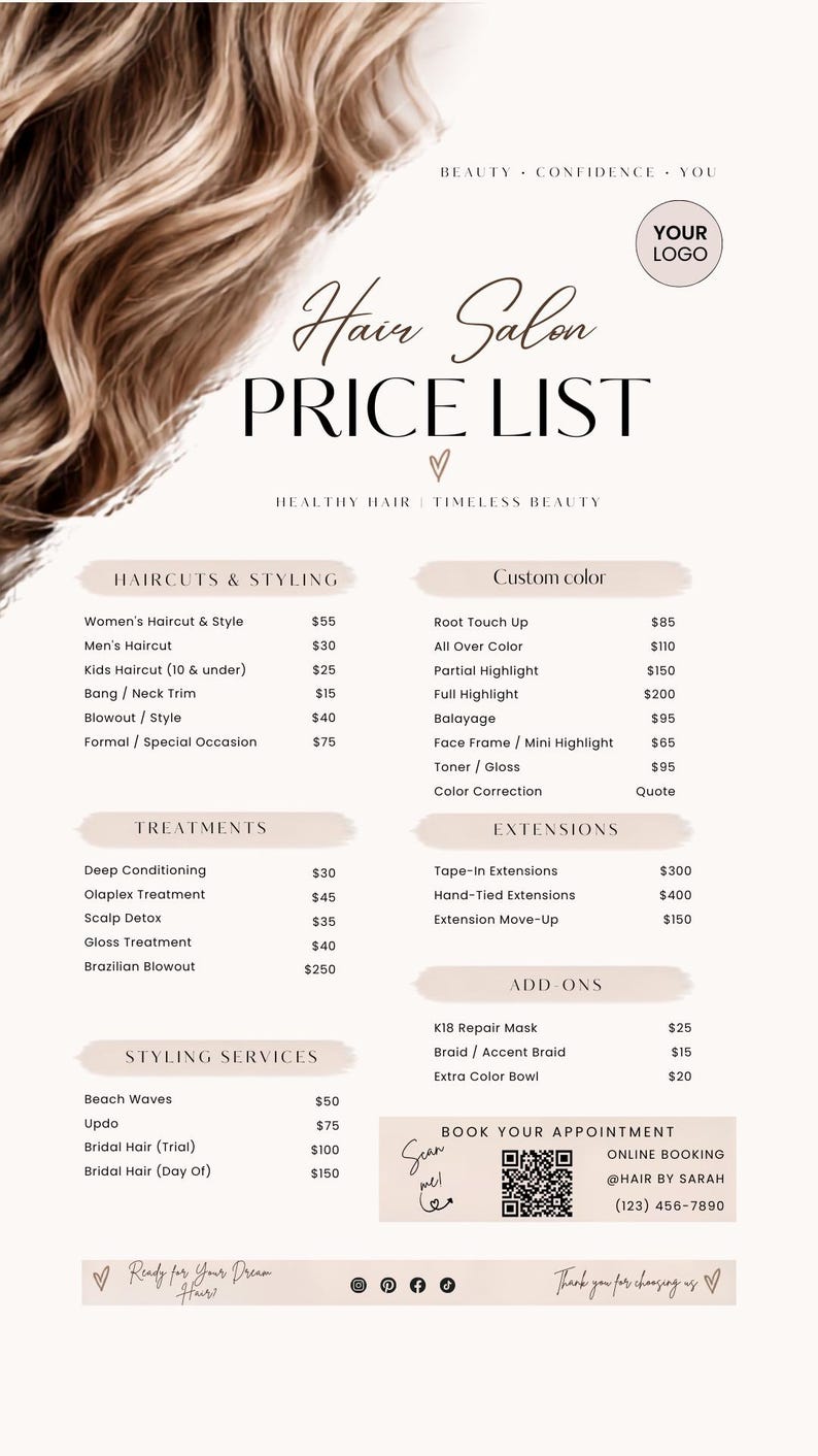 May include: A hair salon price list flyer featuring a blonde hair graphic at the top. The text includes BEAUTY CONFIDENCE YOU, Hair Salon PRICE LIST, HEALTHY HAIR TIMELESS BEAUTY, and sections for haircuts, styling, color, treatments, extensions, and add-ons.