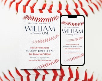 Baseball First Birthday Invitation Boy Little Slugger Rookie Party Invite Sports Theme Editable Canva Template Digital Download