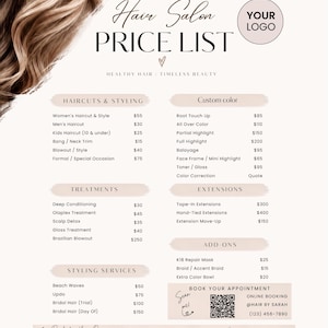 May include: A hair salon price list template featuring a beige background with wavy brown hair at the top left. The text includes sections for haircuts, styling, custom color, treatments, extensions, and add-ons, with a QR code for online booking.