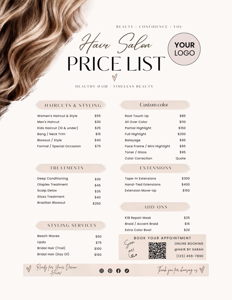 May include: A hair salon price list template featuring a beige background with wavy brown hair at the top left. The text includes sections for haircuts, styling, custom color, treatments, extensions, and add-ons, with a QR code for online booking.