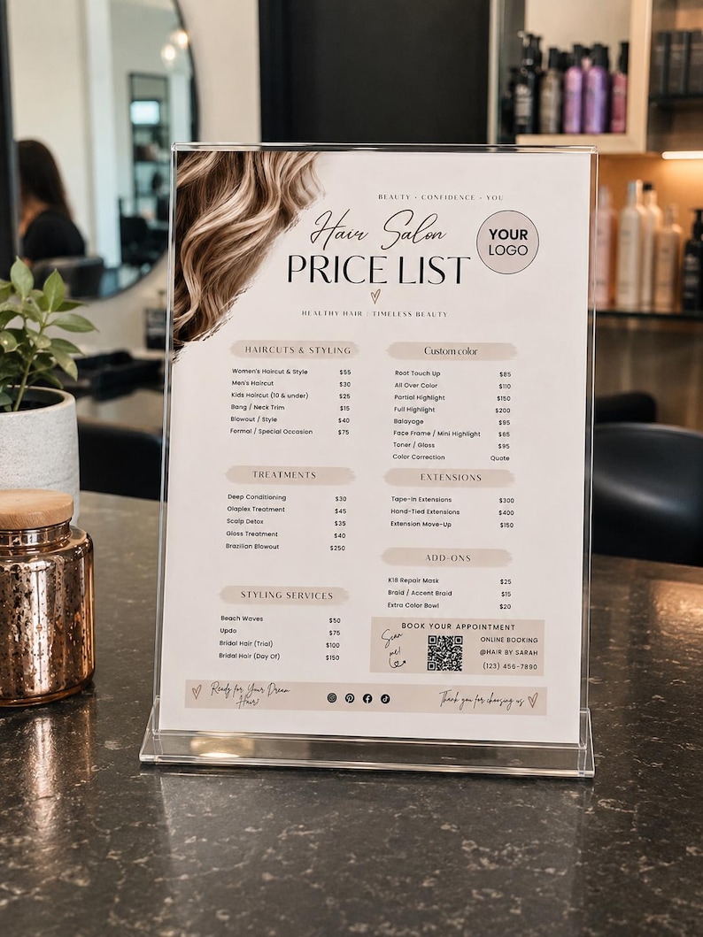 May include: A vertical acrylic sign holder displaying a hair salon price list. The menu features sections for haircuts, styling, color, treatments, extensions, and add-ons, with a QR code for booking appointments and a graphic of wavy blonde hair.