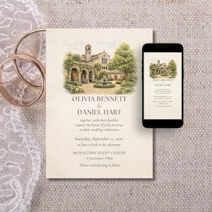 May include: A wedding invitation with the names Olivia Bennett and Daniel Hart, featuring a watercolor illustration of a monastery. The invitation is accompanied by a smartphone displaying the same design. Two gold wedding bands are visible.