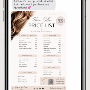 May include: A smartphone screen displaying an iMessage conversation with a digital hair salon price list. The document features sections for haircuts, styling, custom color, treatments, extensions, and add-ons, with a QR code for online booking.
