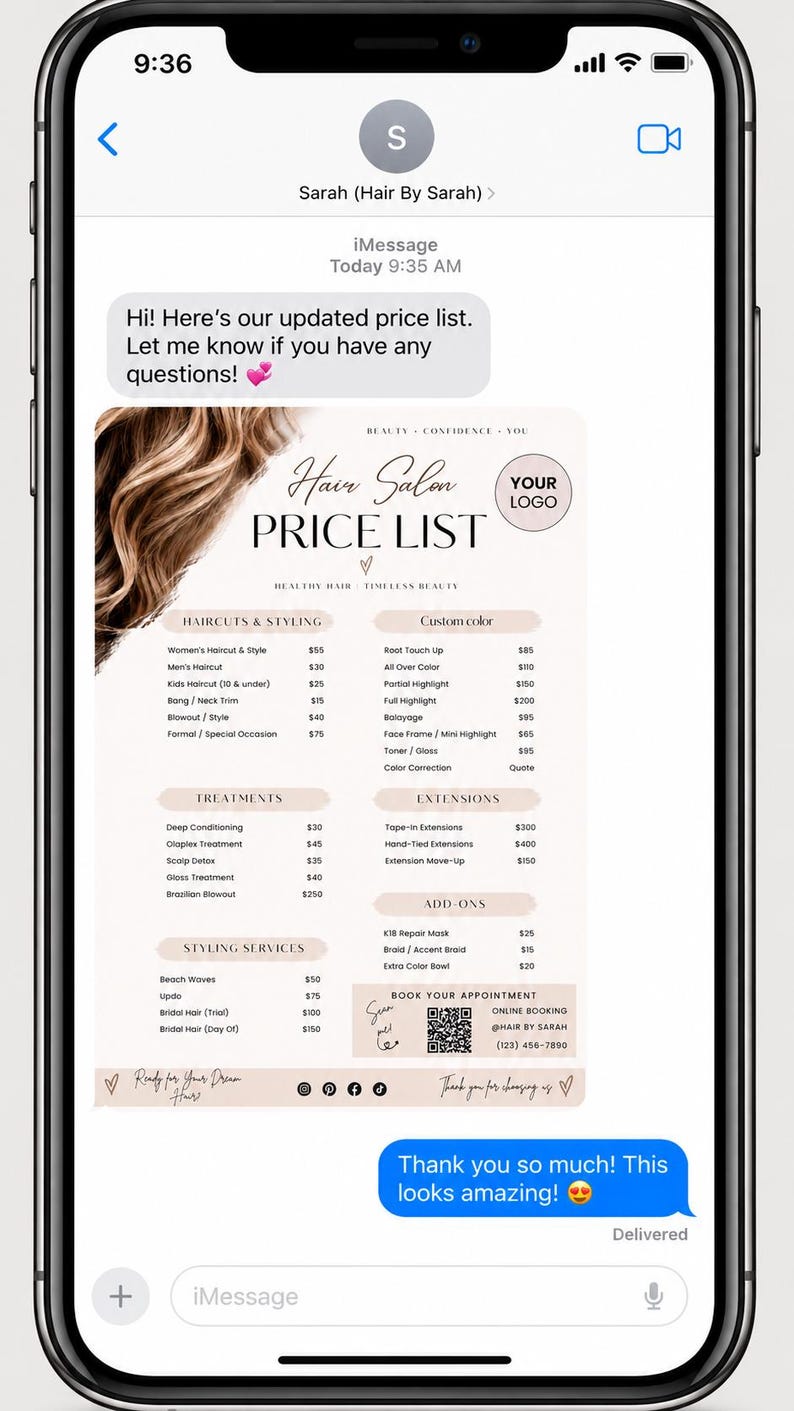 May include: A smartphone screen displaying an iMessage conversation with a digital hair salon price list. The document features sections for haircuts, styling, custom color, treatments, extensions, and add-ons, with a QR code for online booking.