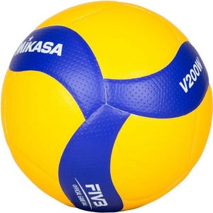 May include: A yellow and blue volleyball with the brand name "MIKASA" and the text "V200W" visible. The ball has a classic panel design with blue curved sections and the text "FIVB OFFICIAL GAME BALL".
