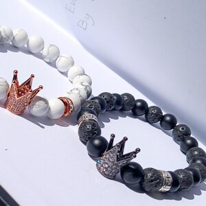 King and Queen Couple Bracelet Set | Black Lava & Rose Gold White Beaded Jewelry | Matching His and Hers Gift | Handmade Crown Bracelets