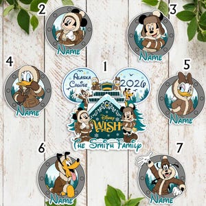 May include: A collection of Disney-themed stickers featuring Mickey Mouse, Minnie Mouse, Donald Duck, Daisy Duck, Goofy, and Pluto in winter attire. The stickers are set against a wooden background, with some including the text "Alaska Cruise 2026" and "Disney Wish".