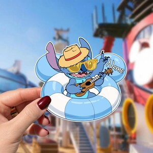 May include: A blue cartoon character wearing sunglasses and a straw hat, playing a ukulele while floating in a blue and white inner tube. The character is holding a ukulele and has the word "Name" on a bubble.