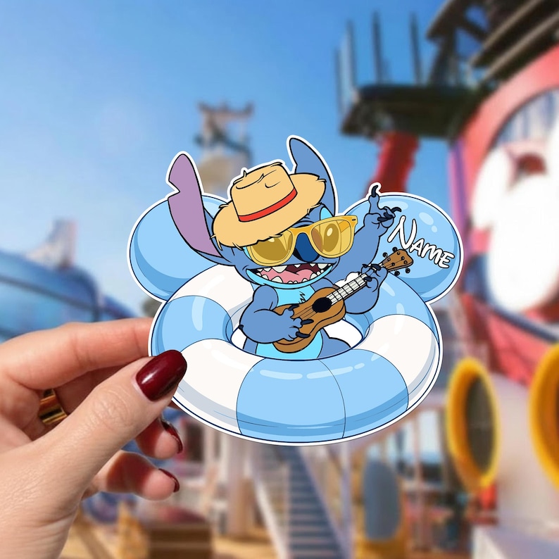 May include: A blue cartoon character wearing sunglasses and a straw hat, playing a ukulele while floating in a blue and white inner tube. The character is holding a ukulele and has the word "Name" on a bubble.