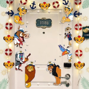 May include: A white door decorated with nautical-themed Lion King character cutouts, including Simba, Timon, Pumbaa, and Zazu. Decorative elements include anchors, life preservers, and string lights. The door has a blue address plaque with the number 10186.