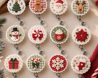 May include: A collection of twelve circular badge reels featuring various Christmas-themed designs including a tree, gingerbread man, Santa, reindeer, snowman, peppermint, cocoa, poinsettia, gift, candy canes, snowflake, and a stocking.