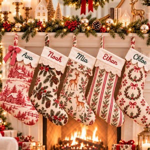 May include: Five personalised Christmas stockings hanging in a row. Each stocking features a white scalloped cuff with an embroidered name: Ava, Noah, Mia, Ethan, and Chloe. The stockings display festive patterns including winter landscapes, pinecones, deer, stripes, and wreaths.