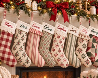 May include: A row of eight personalized Christmas stockings hanging in a line, featuring various patterns including red and white buffalo check, green and red snowflake prints, stripes, and geometric designs, each with a name embroidered on the cuff.
