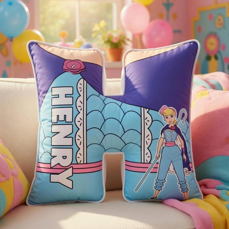 May include: A light blue, H-shaped pillow with the name "HENRY" in white block letters. The pillow features a cartoon illustration of a character in a blue outfit and a purple cape. The pillow has a white border and a purple top.