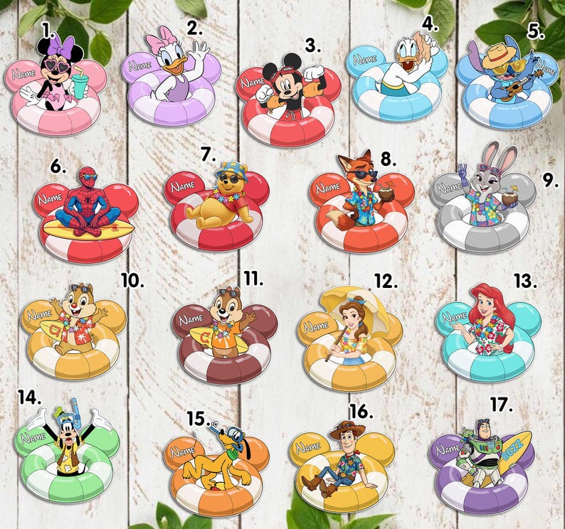 May include: A collection of colorful character-themed floaties, each featuring a different cartoon figure. The floaties are in various colors, including red, blue, yellow, and pink, and are shaped like Mickey Mouse ears. Each floatie has a space for a name.