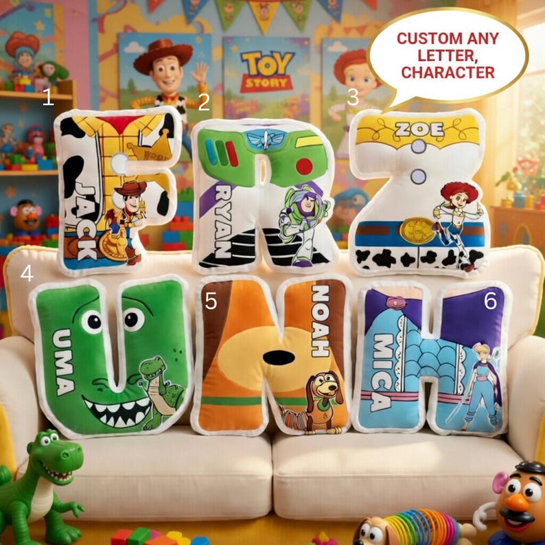 May include: A collection of letter-shaped pillows featuring characters from the Toy Story franchise. Each pillow is a different color and design, with names like "Jack", "Ryan", "Zoe", "Uma", "Noah", and "Mica". The pillows are on a white couch.