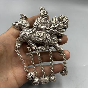 Miao Silver-Plated Kylin Rider Amulet Necklace: Auspicious Chinese Bells