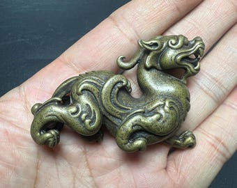 Vintage Chinese Yellow Lima Bronze Pixiu Statue, Wealth & Protection Amulet