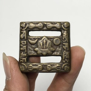 Vintage Tibetan Yellow Li Ma Copper Belt Buckle, Carved Lotus Sun Moon Vajra Amulet