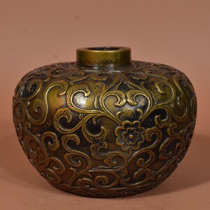 6.69" Vintage Aged Solid Bronze Floral Jar, Embossed Interlocking Peony Scroll Pattern Small Mouth Globular Vase Chinese Antique Table Decor