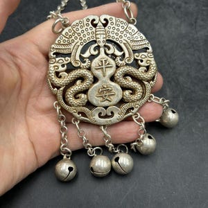 Miao Silver-Plated Dragon & Bat Amulet Necklace: Chinese Good Luck Bells