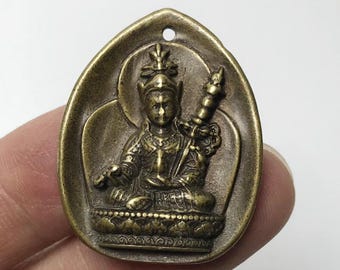 Vintage Tibetan Brass Guru Rinpoche Pendant, Hand Carved Padmasambhava Amulet, Buddhist Spiritual Protection Charm