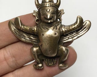 Vintage Tibetan Bronze Garuda Pendant, Hand Carved Winged Protector Deity Amulet, Spiritual Protection Talisman