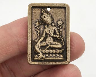 Tibetan Yellow Li Ma Copper Green Tara Pendant, Mini Mantra Amulet, Himalayan Talisman