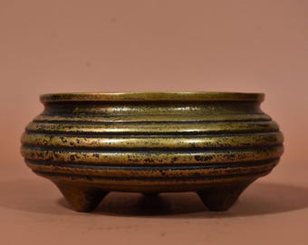 Antique Chinese Copper Tripod Censer with Ribbed String Pattern & Natural Patina