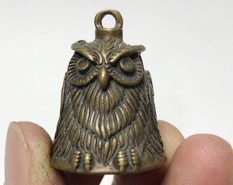 Vintage Brass Owl Guardian Bell Pendant, Wisdom Owl Protective Lucky Hanging Charm Amulet