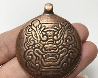 Tibetan Red Copper Zodiac Amulet, Dragon Head Talisman, Buddhist Protection Pendant