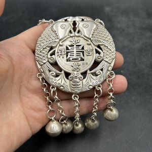 Rare Chinese Miao nationality Silver-Plated Double Fish and Bat Auspicious Amulet Necklace with Bells
