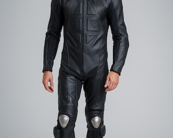 Custom Black Leather One-Piece Motorcycle Racing Suit – Premium Biker Rider Gear with Removable Knee Sliders & CE Armor, Made-to-Order Fit