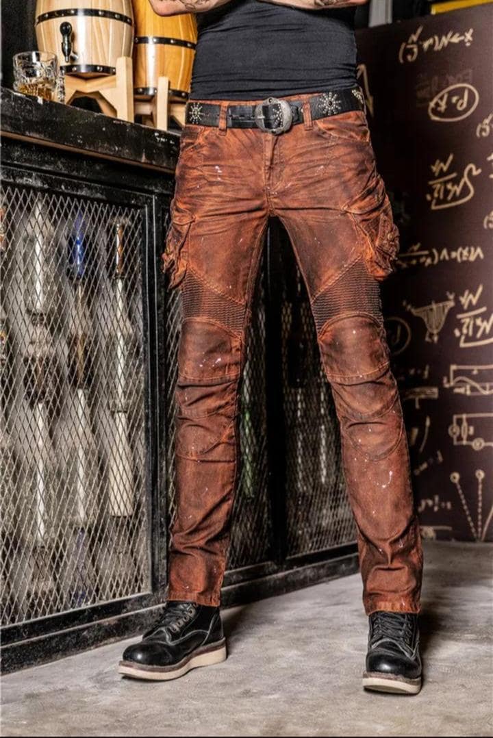 Real Waxed Leather Pants 6-Pocket Biker Trousers with YKK Zippers & Knee Stretch Panels, Lined to Knee, Cowhide Utility Style