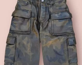 Men&#39;s Camouflage Leather Cargo Shorts | Handmade Real Cow Leather Combat Bermudas | Multi-Pocket Tactical Shorts