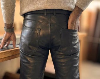 Zwarte leren broek heren: handgemaakte biker-streetwearbroek van echt nappaleer