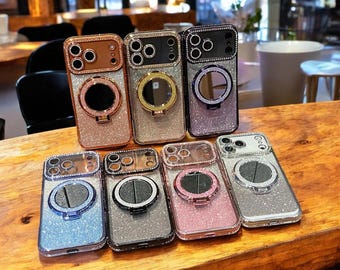 Glitter Spiegel iPhone Hülle: Stoßfeste, funkelnde Abdeckung mit Ständer