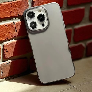 May include: A clear phone case with a gray back and a dark gray border. The case has a camera cutout with three lenses and a flash. The phone case is leaning against a red brick wall.