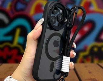 Clear Magnetic iPhone Case: Foldable Stand, Glass Lens Cover & Wrist Strap