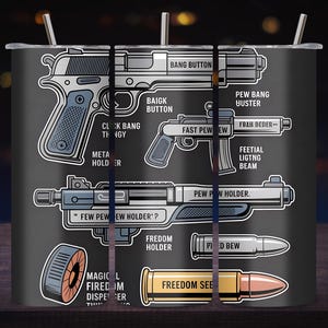 Könnte beinhalten: Schwarzer Becher mit einer humorvollen Illustration verschiedener Waffendesigns, darunter eine Pistole, ein Maschinengewehr und Kugeln. Das Design enthält Texte wie "Bang Button" und "Freedom See".