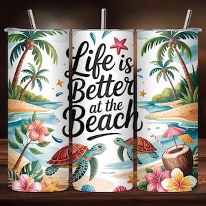 Beach Tumbler Wrap PNG, Sea Turtle Starfish 20oz Skinny Tumbler Sublimation Design, Summer Ocean Tumbler Digital Download