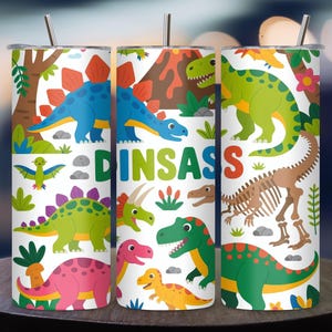 Opakowanie na kubek z dinozaurem PNG | Wąski wzór na kubku 20 oz | Bezszwowa folia sublimacyjna | Natychmiastowe pobranie cyfrowe