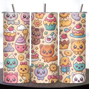 Kawaii 20oz Tumbler Wrap PNG | Cute Pastel Animal Sublimation Design | Kawaii Aesthetic Skinny Tumbler | Digital Download