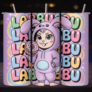 Pink Labubu 20oz Tumbler Wrap PNG, Cute Cartoon Character Skinny Tumbler Design, Straight & Tapered Sublimation, Instant Download