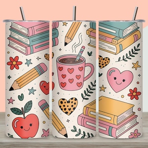 Teacher Tumbler Wrap 20oz Skinny PNG  Cute Coffee, Books & School Supplies  Design  Digital Download for Educators Back to School Gift