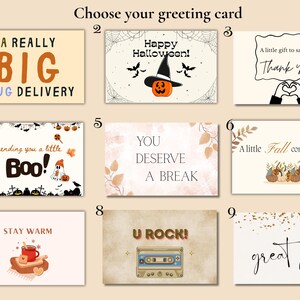Puede incluir: Una selecci&oacute;n de tarjetas de felicitaci&oacute;n con varios dise&ntilde;os y mensajes. Las tarjetas incluyen frases como "A Really Big Hug Delivery", "Happy Halloween", "Thank You", "Boo!", "You Deserve a Break", "Fall Comfort", "Stay Warm", "U Rock" y "Great Job!"