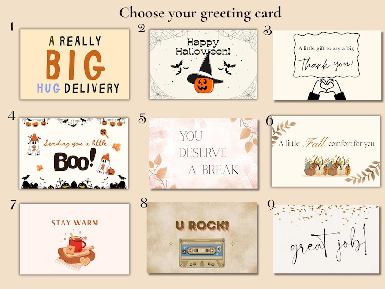 Puede incluir: Una selecci&oacute;n de tarjetas de felicitaci&oacute;n con varios dise&ntilde;os y mensajes. Las tarjetas incluyen frases como "A Really Big Hug Delivery", "Happy Halloween", "Thank You", "Boo!", "You Deserve a Break", "Fall Comfort", "Stay Warm", "U Rock" y "Great Job!"